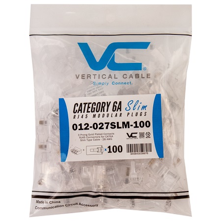 012-027SLM-100 Vertical Cable CAT6A RJ45 UTP Slim Modular Plug - 100 Pack