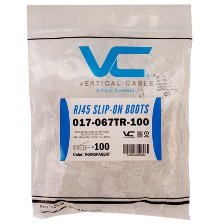 017-067TR-100 Vertical Cable CAT6A RJ45 Clear Plastic Boot for Slim Plug - 100 Pack