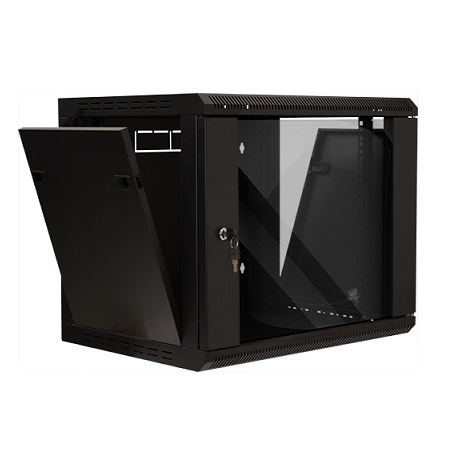 047-WWM-0960 Vertical Cable 9U Wall Mount Cabinet 15.7" Mounting Depth with Lockable Glass Door, Fan, and Power Supply
