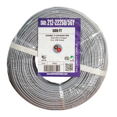 212-222SO/5GY Vertical Cable 22 AWG 2 Conductors Unshielded Solid Bare Copper CM/CL2 Non-Plenum Alarm Security Cable - 500' Coil Pack - Gray