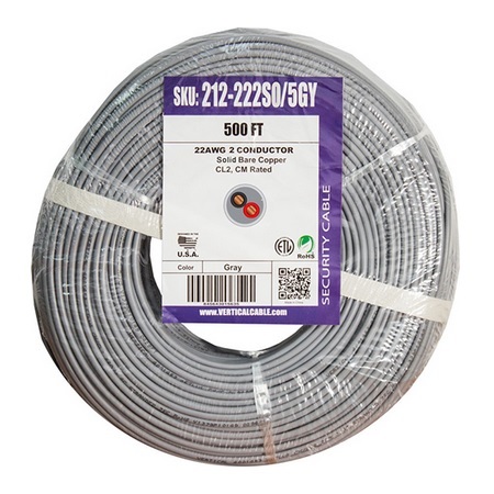 212-222ST/5GY Vertical Cable 22 AWG 2 Conductors Unshielded Stranded Bare Copper CM/CL2 Non-Plenum Alarm Security Cable - 500' Coil Pack - Gray