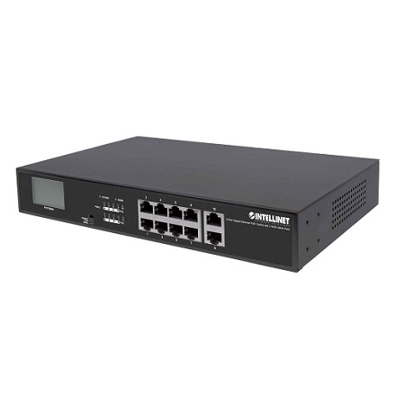 561303 Intellinet Network Solutions 8-Port Gigabit Ethernet PoE+ Switch with 2 RJ45 Gigabit Uplink Ports and LCD Screen