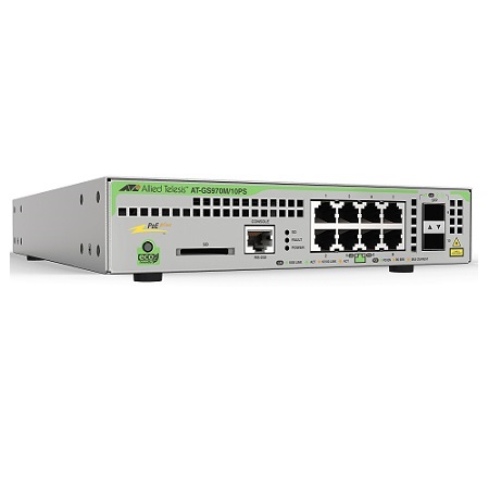 AT-GS970M/10PS-R-10 Hanwha Techwin AT 8 x Gigabit Ethernet Managed Switch, 2 x SFP Uplink PoE+ 124W Total PoE Budget