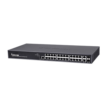 AW-GEV-267A-370 Vivotek 24 Gigabit PoE Ports + 2 Gigabit RJ45/SFP Ports + 1 Port RJ45 Port 370W Total VivoCam L2 Managed Rackmount PoE Switch