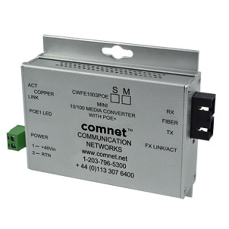 CWFE1002APOEM-M Comnet Commercial Grade 100Mbps Media Converter, ST Connector, mm, 1 fiber, "A" Unit, (requires "A" and "B" units) 48V POE, Power Supply Included. 30w output