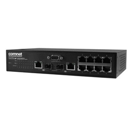 CWGE2FE8MSPOE Comnet 10 Port Managed Switch, 8 Copper 10/100Mbps POE Ports, 2 1000Mbps TX/SFP FX, 48VDC Input, Commercial Grade, Power Supply Included