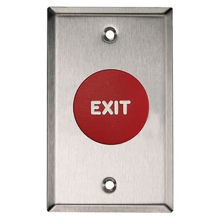 908-RE-MA x 32D Dormakaba Rutherford Controls Exit Symbol Maintained Action Mushroom Button - Brushed Stainless Steel Faceplate - Red Cap