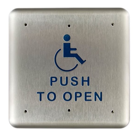 946HP475BLU Dormakaba Rutherford Controls 4.75" Square Plate with Handicap Logo and Push to Open Text, Momentary, Blue