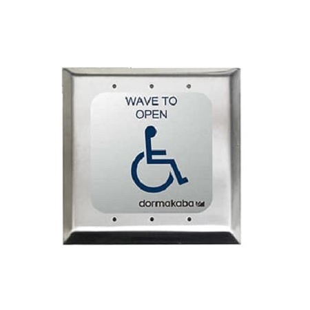 950THW6 Dormakaba Rutherford Controls 6" Round Touch less Short Range Actuator with Handicap Logo and 'Wave To Open' Text