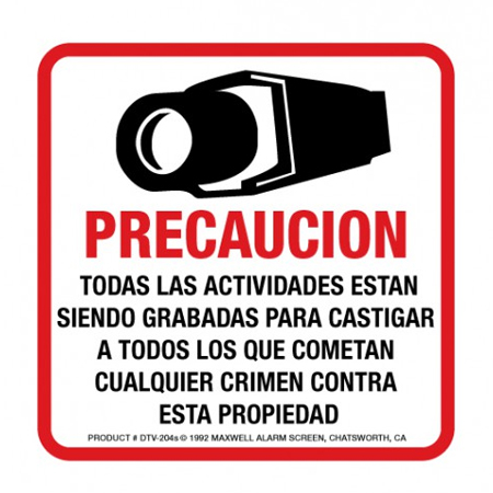 DTV-204s Maxwell Alarm CCTV Warning Decal 4" x 4" (Outside Mount) - Spanish Version