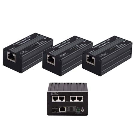 EERF-3KT-B KBC Networks eCopper Kit for 3 PoE Cameras 10/100Mbps Auto-sensing PSE Ethernet over Twisted Pair Kit Consisting of 3 x EERF1-LS1-T-MN-B Transmitters 1 x EERF4-DN1-R-WN-B Receiver and 1 x GST160A48 Power Supply