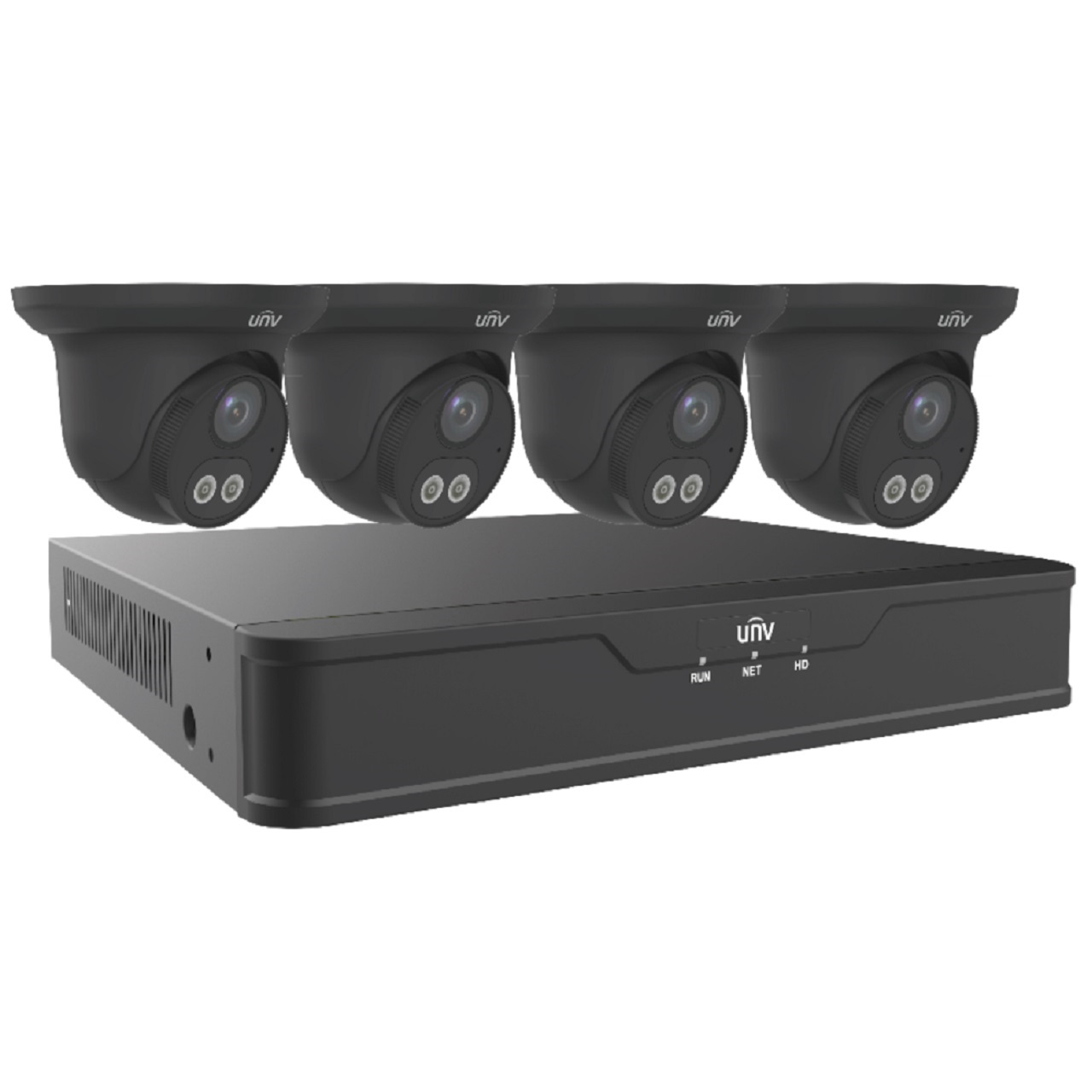 EK-S31P4DLT44T1-BK Uniview Easy S3-P Series 4 Channel NVR 64Mbps Max Throughput - 1TB HDD with 4 Port PoE with 4 x EC-T4F28M-V3 4MP Turret IP Security Camera - Black