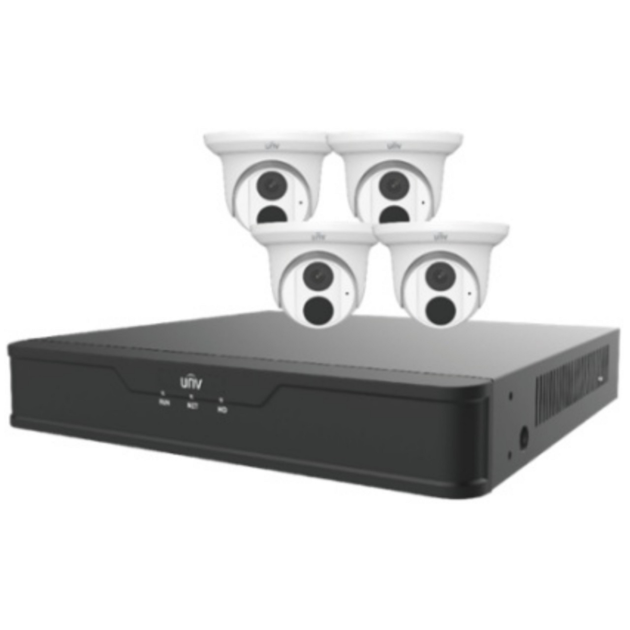 EK-S31P4DLT44T1 Uniview Easy S3-P Series 4 Channel NVR 64Mbps Max Throughput â€“ 1TB HDD with 4 Port PoE with 4 x EC-T4F28M-V3 4MP Turret IP Security Camera - White