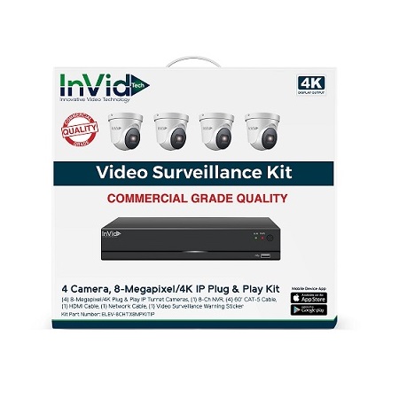 ELEV-8CHTX8MPKITIP InVid Tech 8 Channel NVR Kit 80Mbps Max Throughput - No HDD w/ Built-in 8 Port PoE and 4 x 8MP 2.8mm Outdoor IR Turret IP Security Cameras