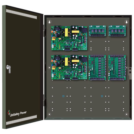 FPO150/150-2C82D8E4 LifeSafety Power 16 Door 12 Amp 12VDC or 6 Amp 24VDC 16 Lock and 16 Auxiliary Distribution Outputs Access Control and CCTV Power Supply in UL Listed Indoor 20" W x 24" H x 4.5" D Electrical Enclosure