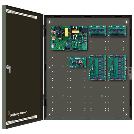FPO150-B1002C82D8E4 LifeSafety Power 16 Door 4 Amp 12VDC and 4 Amp 24VDC 16 Lock and 16 Auxiliary Distribution Outputs Access Control and CCTV Power Supply in UL Listed Indoor 20" W x 24" H x 4.5" D Electrical Enclosure
