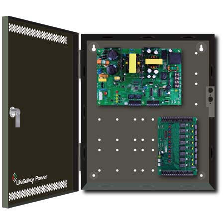 FPO150-C8E1 LifeSafety Power 8 Door 12 Amp 12VDC or 6 Amp 24VDC 8 Lock Control Access Control and CCTV Power Supply in UL Listed Indoor 12" W x 14" H x 4.5" D Electrical Enclosure