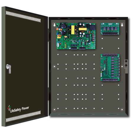 FPO250-C8D8E2 LifeSafety Power 8 Door 20 Amp 12VDC and 10 Amp 24 VDC 8 Lock and 8 Auxiliary Distribution Outputs Access Control and CCTV Power Supply in UL Listed Indoor 16" W x 20" H x 4.5" D Electrical Enclosure