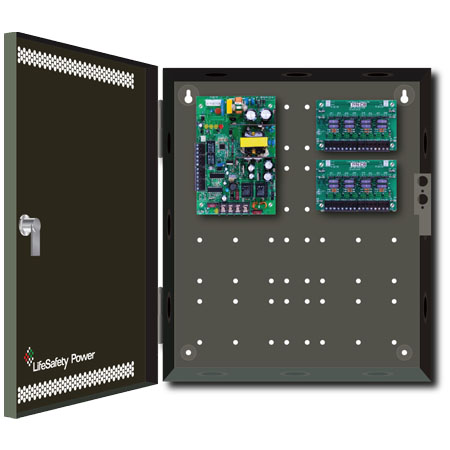 FPO75-2D8E1 LifeSafety Power 6 Amp 12VDC 16 Auxiliary Distribution Outputs Access Control and CCTV Power Supply in UL Listed Indoor 12" W x 14" H x 4.5" D Electrical Enclosure