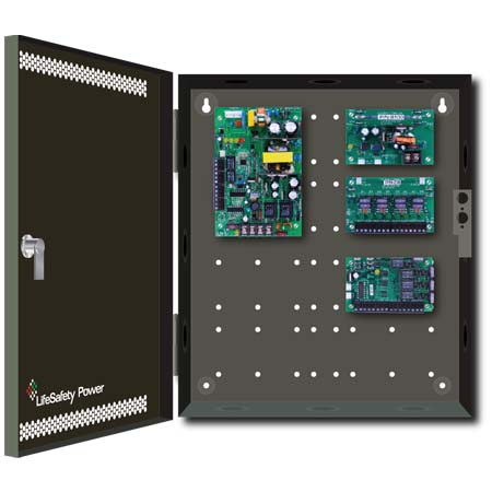 FPO75-B100C4D8E1 LifeSafety Power 4 Door 4 Amp 12VDC and 2 Amp 24VDC 4 Lock and 8 Auxiliary Distribution Outputs Access Control and CCTV Power Supply in UL Listed Indoor 12" W x 14" H x 4.5" D Electrical Enclosure