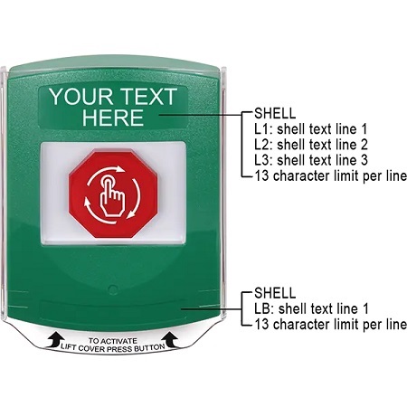 G3A129ZA-EN STI G3 Multipurpose Push Button No Camera Green Shield Turn-To-Reset Custom Text - English