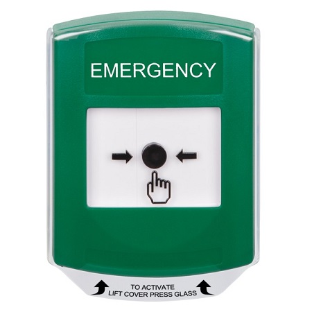 GLR121EM-EN STI Green Indoor Only Shield Key-to-Reset Push Button with EMERGENCY Label English