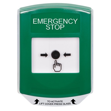 GLR121ES-EN STI Green Indoor Only Shield Key-to-Reset Push Button with EMERGENCY STOP Label English