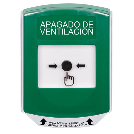 GLR121HV-ES STI Green Indoor Only Shield Key-to-Reset Push Button with HVAC SHUT-DOWN Label Spanish
