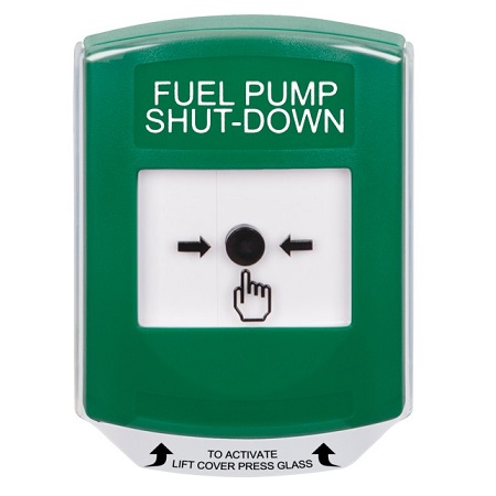 GLR121PS-EN STI Green Indoor Only Shield Key-to-Reset Push Button with FUEL PUMP SHUT-DOWN Label English