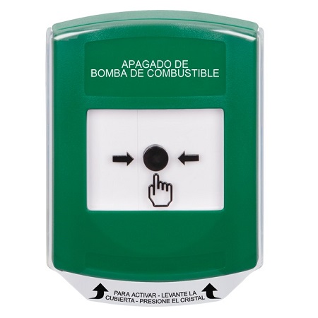 GLR121PS-ES STI Green Indoor Only Shield Key-to-Reset Push Button with FUEL PUMP SHUT-DOWN Label Spanish