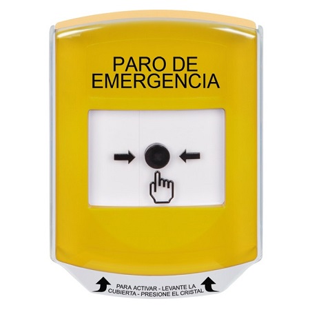 GLR221ES-ES STI Yellow Indoor Only Shield Key-to-Reset Push Button with EMERGENCY STOP Label Spanish