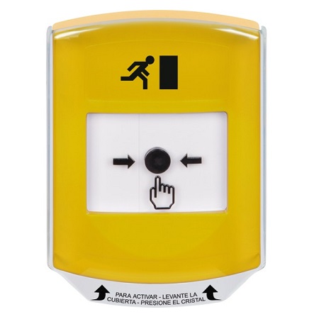 GLR221RM-ES STI Yellow Indoor Only Shield Key-to-Reset Push Button with Running Man Icon Spanish