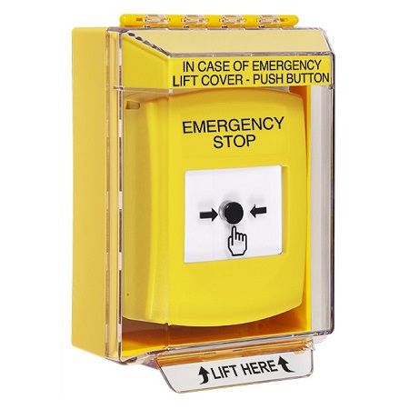 GLR271ES-EN STI Yellow Indoor/Outdoor Low Profile Surface Mount Key-to-Reset Push Button with EMERGENCY STOP Label English