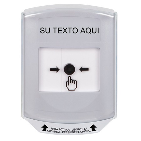 GLR321ZA-ES STI White Indoor Only Shield Key-to-Reset Push Button with Non-Returnable Custom Text Label Spanish