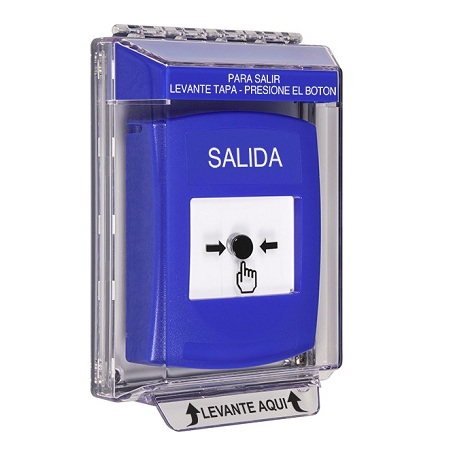 GLR441XT-ES STI Blue Indoor/Outdoor Low Profile Flush Mount w/ Sound Key-to-Reset Push Button with EXIT Label Spanish