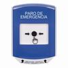 Show product details for GLR4A1ES-ES STI Blue Indoor Only Shield w/ Sound Key-to-Reset Push Button with EMERGENCY STOP Label Spanish