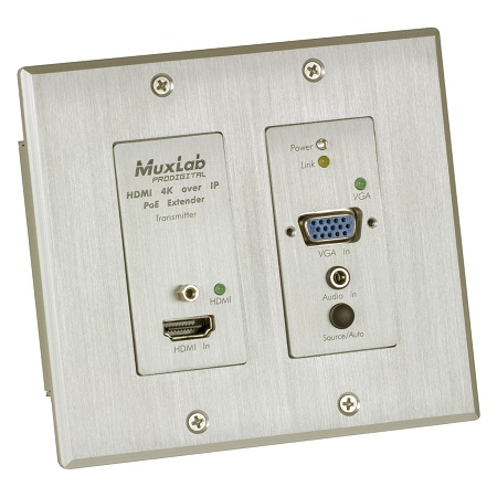 500773-TX-WH Muxlab HDMI / VGA over IP 4K PoE Wall Plate