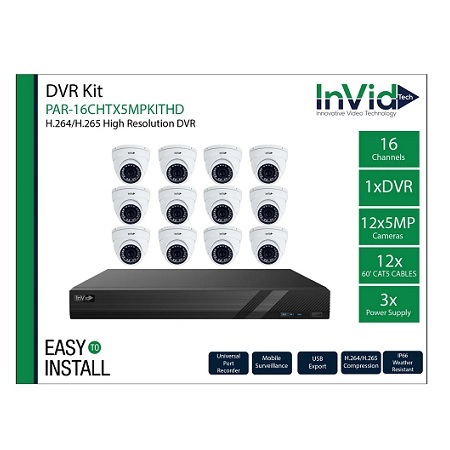 PAR-16CHTX5MPKITHD InVid Tech Paramont Series HD-TVI/HD-CVI/AHD/Analog + 16 Channel IP DVR 30FPS @ 5MP - No HDD w/ 12 x 5MP 2.8mm Outdoor IR Turret HD-TVI/HD-CVI/AHD/Analog Security Cameras