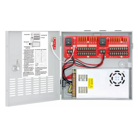 PC-U1820-PULQ Seco-Larm 18 Output PTC Fuse 20 Amp 12VDC Switching CCTV Power Supply in UL Listed 10" H x 10 5/16" W x 3 1/8" D Steel Electrical Enclosure