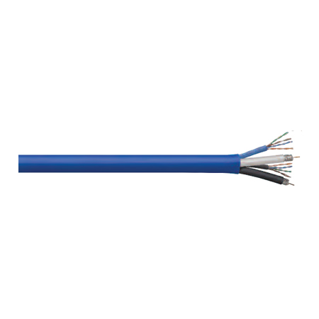 RMMJ5AE3501564L1O Remee Siamese 2 x 24 AWG 4 Pair Unshielded  Twisted Pairs Solid Bare Copper Cat5e Plus 2 x 18 AWG 2 Quad Shielded Solid Bare Copper RG6 CMR Non-Plenum Multimedia Cable - 500' Reel - Blue