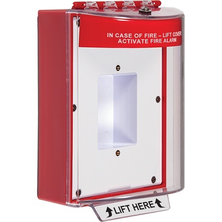 STI-13420FR STI Universal Stopper Dome Cover Enclosed Back Box, Sealed Mounting Plate and Hood with Horn - Fire Label - Red