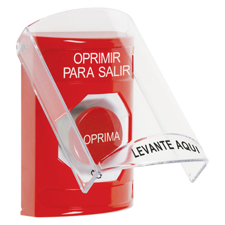 SS2021PX-ES STI Red Indoor Only Flush or Surface Turn-to-Reset Stopper Station with PUSH TO EXIT Label Spanish