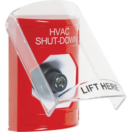 SS2023HV-EN STI Red Indoor Only Flush or Surface Cover Key-to-Activate Stopper Station with HVAC SHUT DOWN Label English