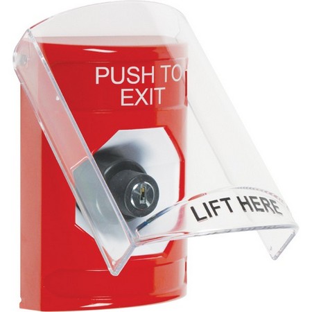 SS2023PX-EN STI Red Indoor Only Flush or Surface Cover Key-to-Activate Stopper Station with PUSH TO EXIT Label English
