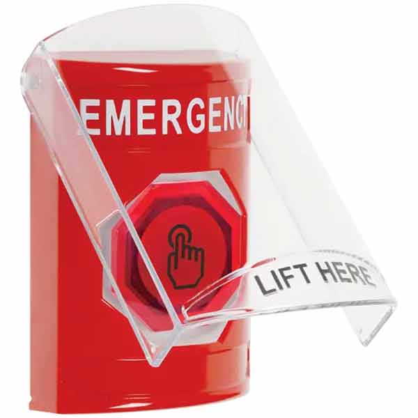 SS2026EM-EN STI Red Indoor Only Flush or Surface Cover Momentary (Illuminated) with Red Lens Stopper Station with EMERGENCY Label English