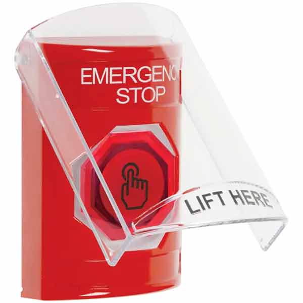 SS2026ES-EN STI Red Indoor Only Flush or Surface Cover Momentary (Illuminated) with Red Lens Stopper Station with EMERGENCY STOP Label English