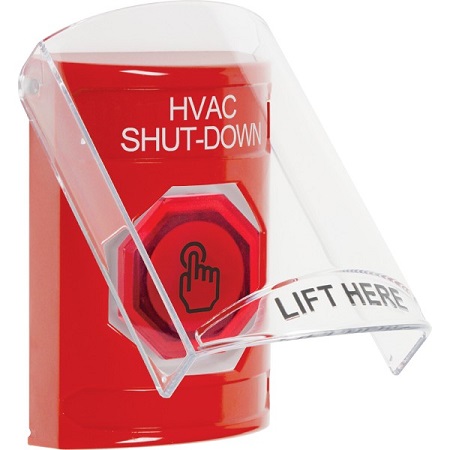 SS2027HV-EN STI Red Indoor Only Flush or Surface Cover Weather Resistant Momentary (Illuminated) with Red Lens Stopper Station with HVAC SHUT DOWN Label English