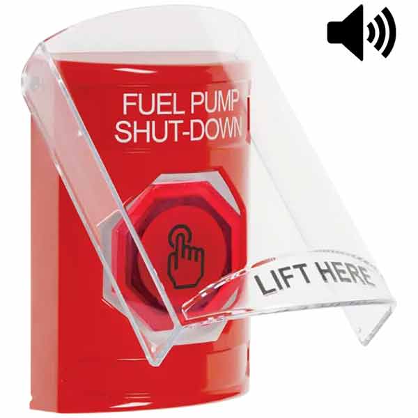 SS20A6PS-EN STI Red Indoor Only Flush or Surface Cover w/ Horn Momentary (Illuminated) with Red Lens Stopper Station with FUEL PUMP SHUT DOWN Label English
