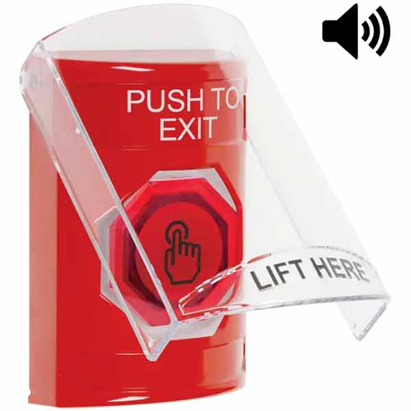 SS20A7PX-EN STI Red Indoor Only Flush or Surface Cover w/ Horn Weather Resistant Momentary (Illuminated) with Red Lens Stopper Station with PUSH TO EXIT Label English