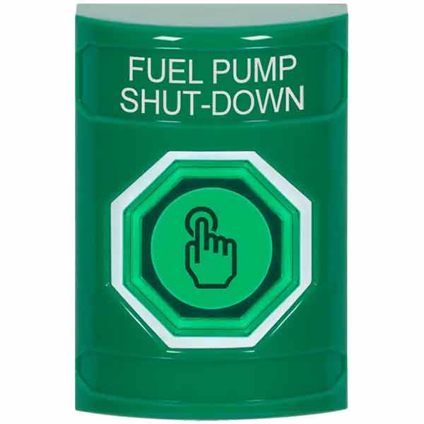 SS2106PS-EN STI Green No Cover Momentary (Illuminated) with Green Lens Stopper Station with FUEL PUMP SHUT DOWN Label English